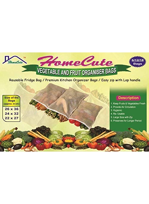 HomeCute Homecute Vegetable and Fruit organiser Bag Fridge Bags Set of 6 Pcs Pack of 6 Grocery Bags (Grey)  - Image 4