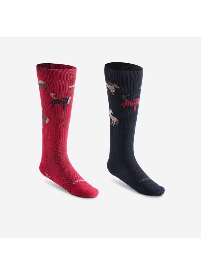 FOUGANZA Kids' Riding Socks SKS 500 - Navy/Pink Pony Print  - Image 1