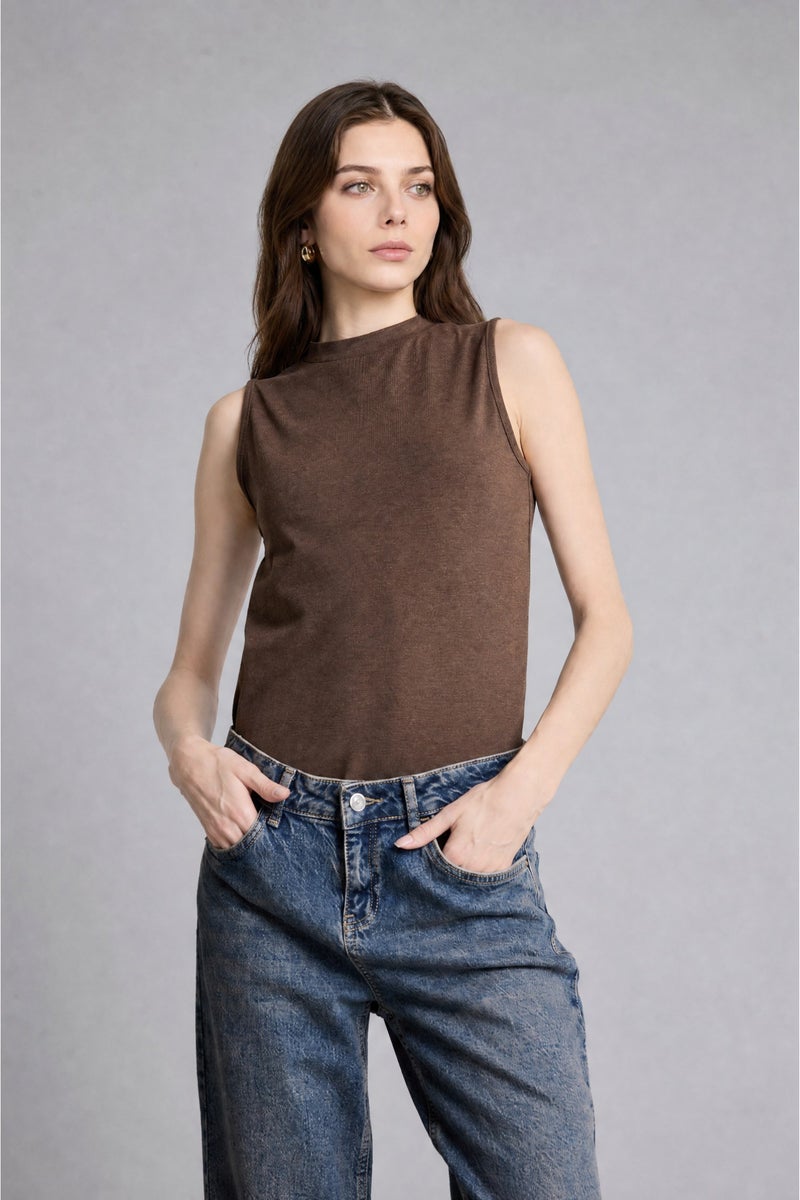 DeFacto Brown Woman Slim Fit Half Turtleneck Jersey Brown Top Casual - Image 1