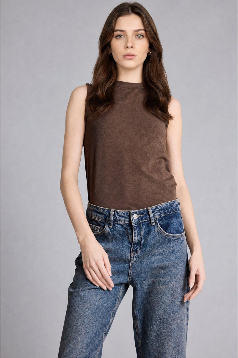 DeFacto Brown Woman Slim Fit Half Turtleneck Jersey Brown Top Casual - Image 3