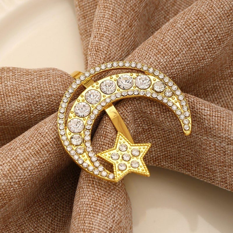 6 Pcs Ramadan Napkin Rings, Eid Mubarak Napkin Holder, Rhinestone Moon Star Metal Napkin Rings for Islamic Muslim Ramadan Decoration - Image 2
