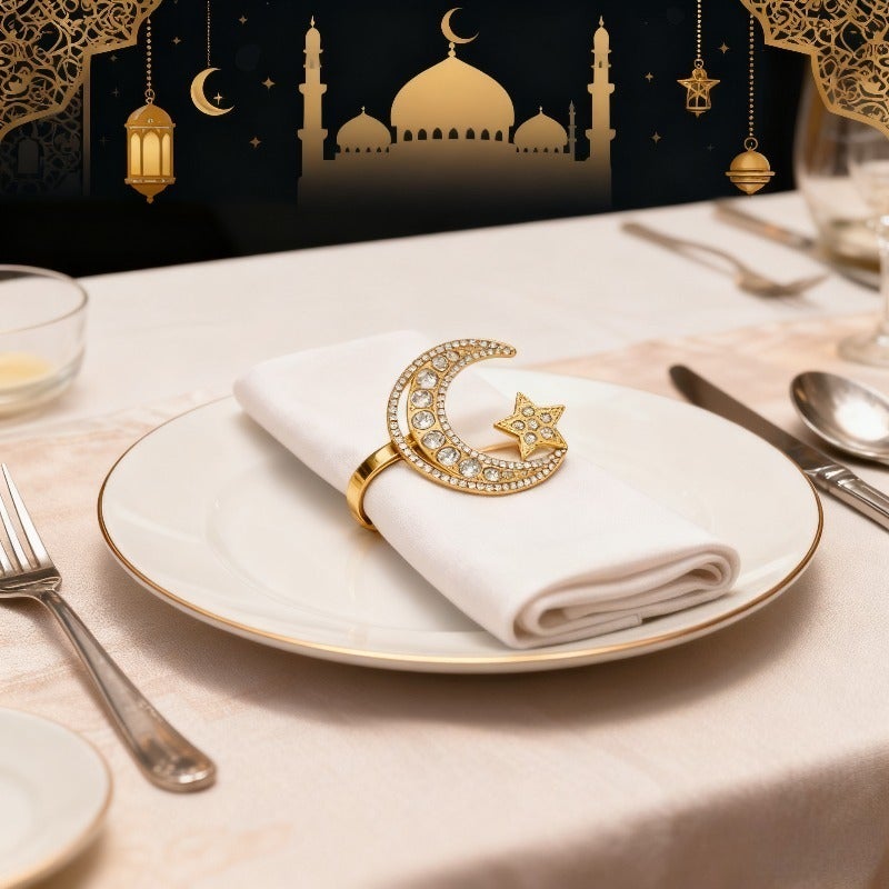 6 Pcs Ramadan Napkin Rings, Eid Mubarak Napkin Holder, Rhinestone Moon Star Metal Napkin Rings for Islamic Muslim Ramadan Decoration - Image 5