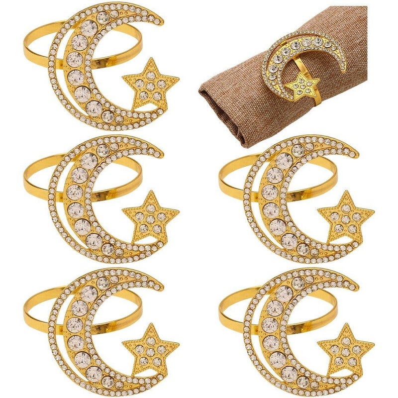 6 Pcs Ramadan Napkin Rings, Eid Mubarak Napkin Holder, Rhinestone Moon Star Metal Napkin Rings for Islamic Muslim Ramadan Decoration - Image 1