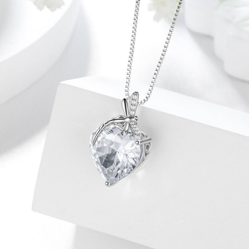 Juwaliy Dragonfly Necklace Heart April Birthstone Necklace Diamond CZ 925 Sterling Silver Pendant White Jewelry Women Birthday Christmas Mother's Day Gift - Image 4