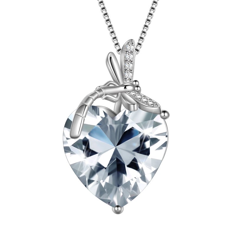 Juwaliy Dragonfly Necklace Heart April Birthstone Necklace Diamond CZ 925 Sterling Silver Pendant White Jewelry Women Birthday Christmas Mother's Day Gift - Image 1
