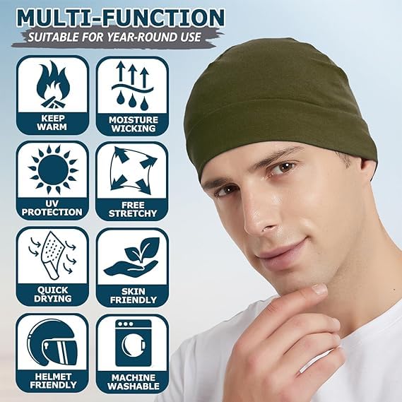 PAROPKAR 100% Cotton Lycra Skull Caps Lightweight Beanie Sleep Hats Breathable Helmet Liner Cap Cycling Hat Cap for Men and Women (Turquoise Blue Olive) - Image 3