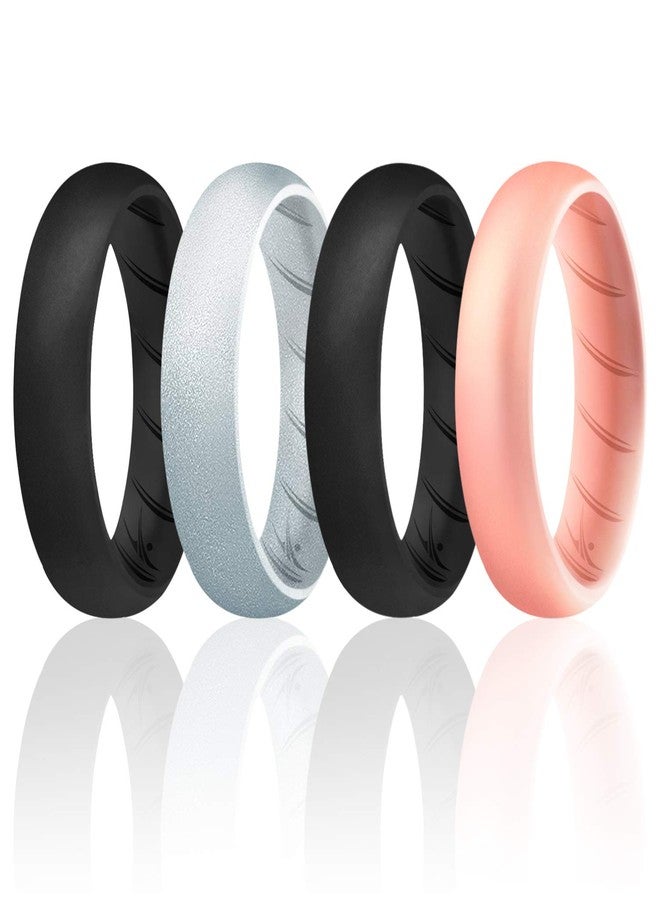 ROQ Silicone Rubber Wedding Ring for Women, Rubber Silicone Wedding Band, Bridal Jewelry Set, Anniversary Rings, Promise Ring, 5.5mm Wide 2mm Thick, 4 Pack, Black, Rose Gold, Metal Silver, Size 6 - Image 1