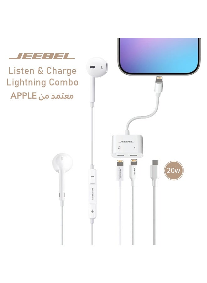 Jeebel Dual Lightning 2-in-1 Adapter + Lightning Earphones + 20W Charging Cable - One bundle that gives you fast charging, clear sound, and easier use for all your iPhone devices. - Image 1