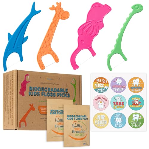 Trueocity Biodegradable Kids Flossers -100 Pack, Natural Kids Floss Picks, Fluoride Free, Biodegradable Floss Pick, Organic Animal Dental Floss, Dental Floss Sticks for Children - 4 Fun Animal Designs - Image 1