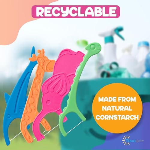 Trueocity Biodegradable Kids Flossers -100 Pack, Natural Kids Floss Picks, Fluoride Free, Biodegradable Floss Pick, Organic Animal Dental Floss, Dental Floss Sticks for Children - 4 Fun Animal Designs - Image 5