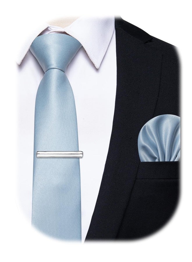 YourTies Skinny Tie and Pocket Square Tie Clip Sets for Men Satin Slim Neckties with Gift Box, Sky Blue, One size - Image 1
