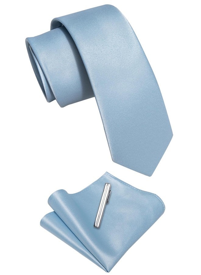 YourTies Skinny Tie and Pocket Square Tie Clip Sets for Men Satin Slim Neckties with Gift Box, Sky Blue, One size - Image 2