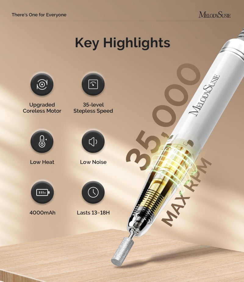 MelodySusie Professional Clip-On Cordless High-Efficiency Nail Drill, MM400C 35000RPM Rechargeable Electric File with Lightweight Handpiece for All Manicure Shaping, Gel Removal & Salon Use - Image 3