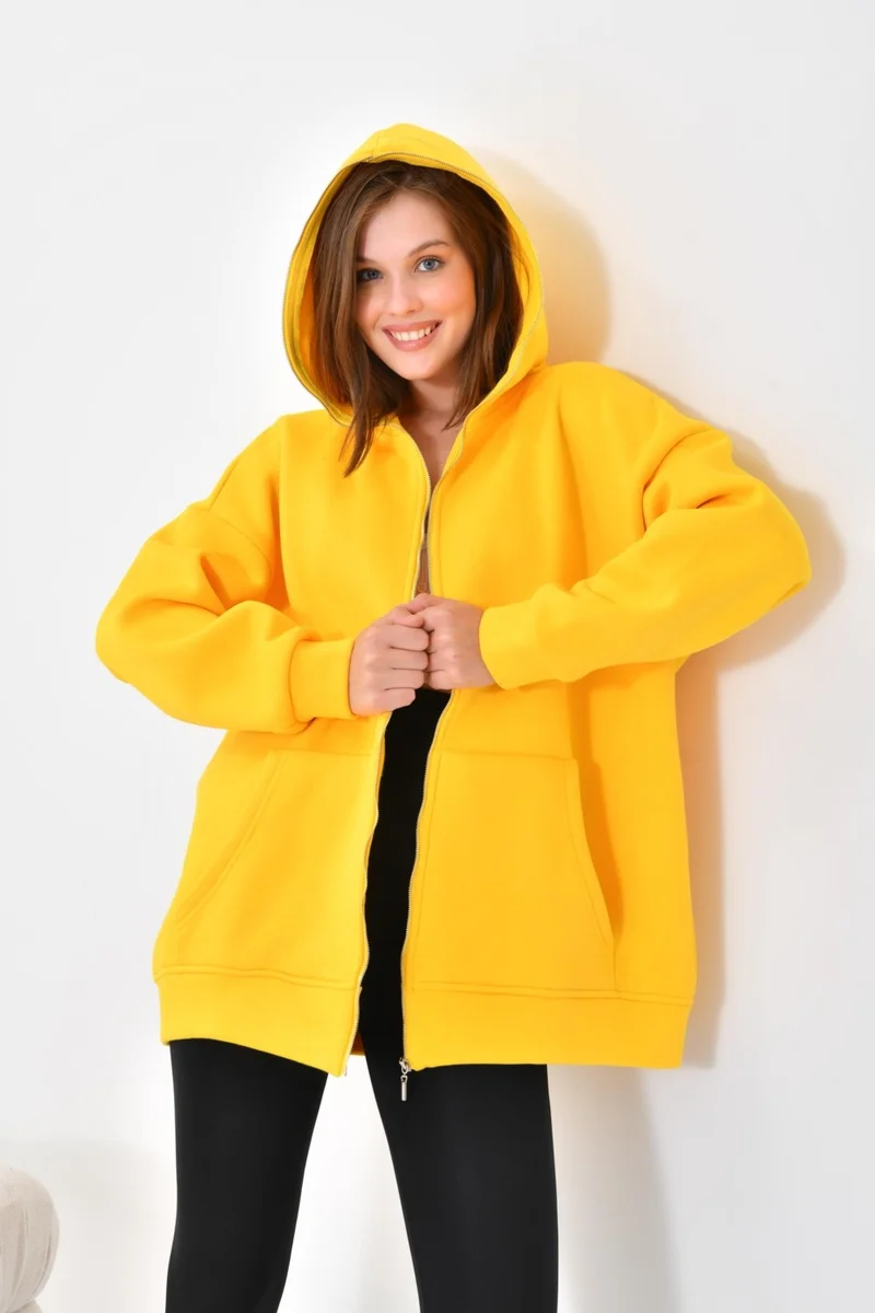 Garmi Ftz Women 3 Thread Raised Zippered Sweatshirt Yellow