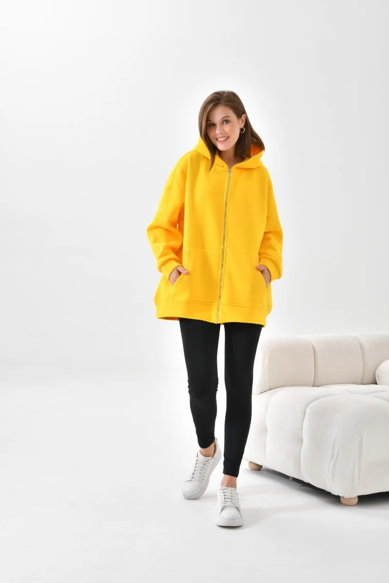 Garmi Ftz Women 3 Thread Raised Zippered Sweatshirt Yellow