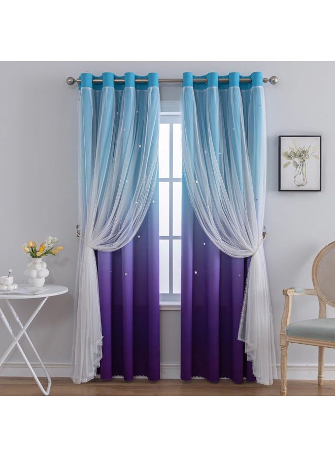 indistar Colourful Stripe Star Cut-Out Blackout Curtains for Bedroom,2 Layers Mix Design of Fabric & Tulle,Pretty Window Curtain for Kids Room 1 Panel (W52 x L63 Blue Purple) - Image 1