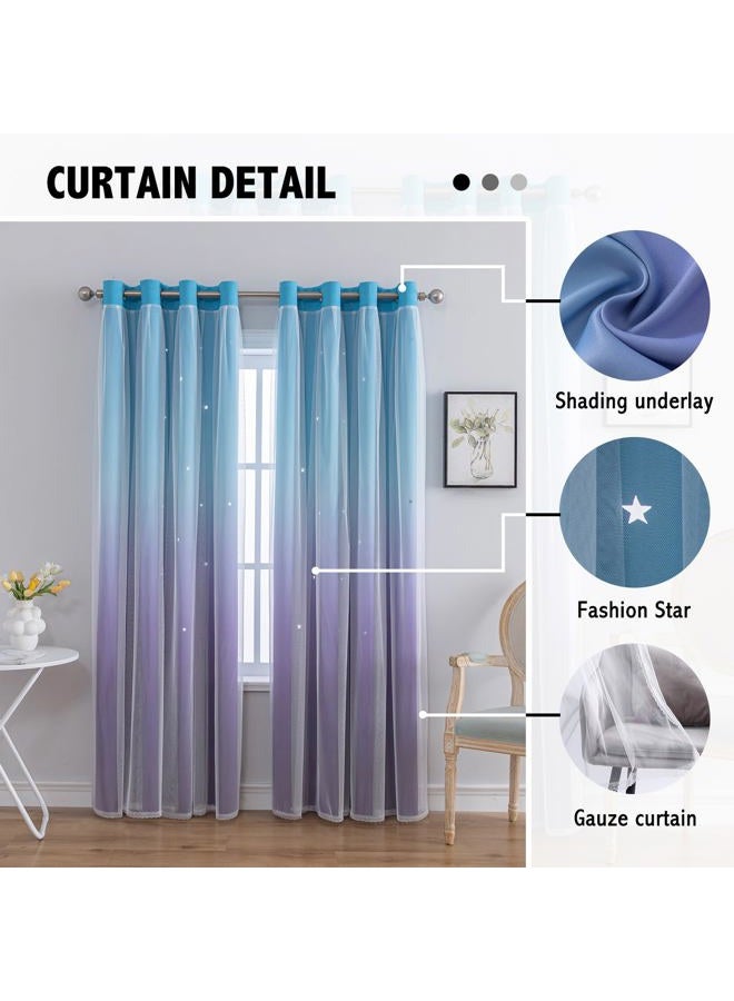 indistar Colourful Stripe Star Cut-Out Blackout Curtains for Bedroom,2 Layers Mix Design of Fabric & Tulle,Pretty Window Curtain for Kids Room 1 Panel (W52 x L63 Blue Purple) - Image 5