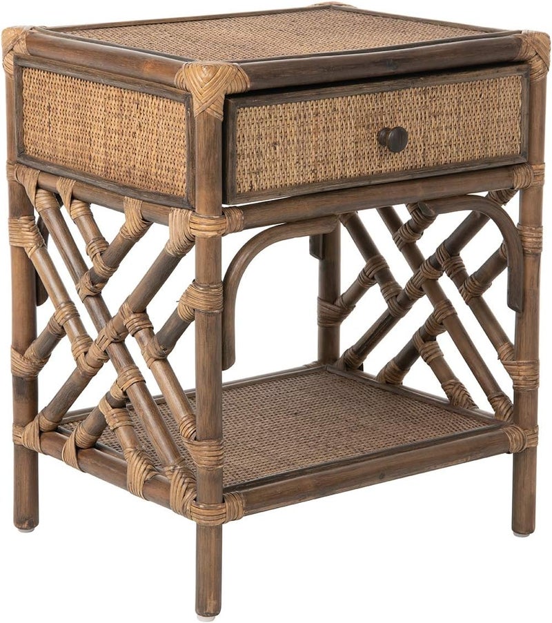 Kouboo Kouboo Rattan Bedside Table  Chippendale Design Nightstand Table for Living Room  Boho Table with One Drawer MidCentury Modern Accent Table with Storage for Bedroom Furniture Antique Brown  - Image 1