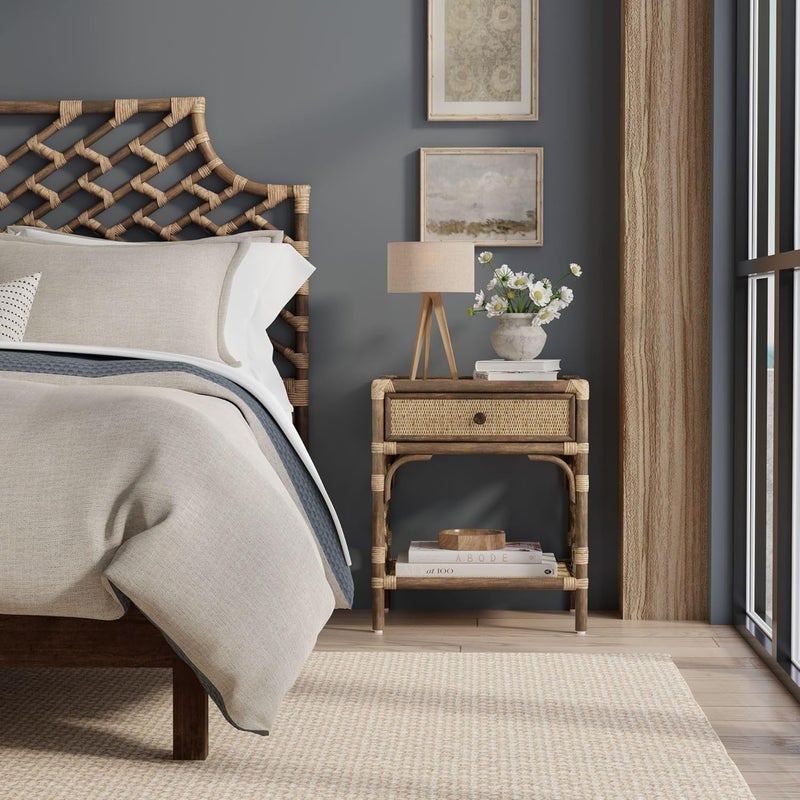 Kouboo Kouboo Rattan Bedside Table  Chippendale Design Nightstand Table for Living Room  Boho Table with One Drawer MidCentury Modern Accent Table with Storage for Bedroom Furniture Antique Brown  - Image 2
