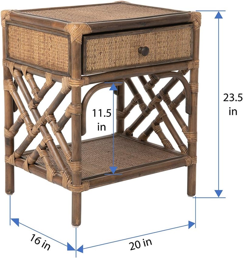 Kouboo Kouboo Rattan Bedside Table  Chippendale Design Nightstand Table for Living Room  Boho Table with One Drawer MidCentury Modern Accent Table with Storage for Bedroom Furniture Antique Brown  - Image 3