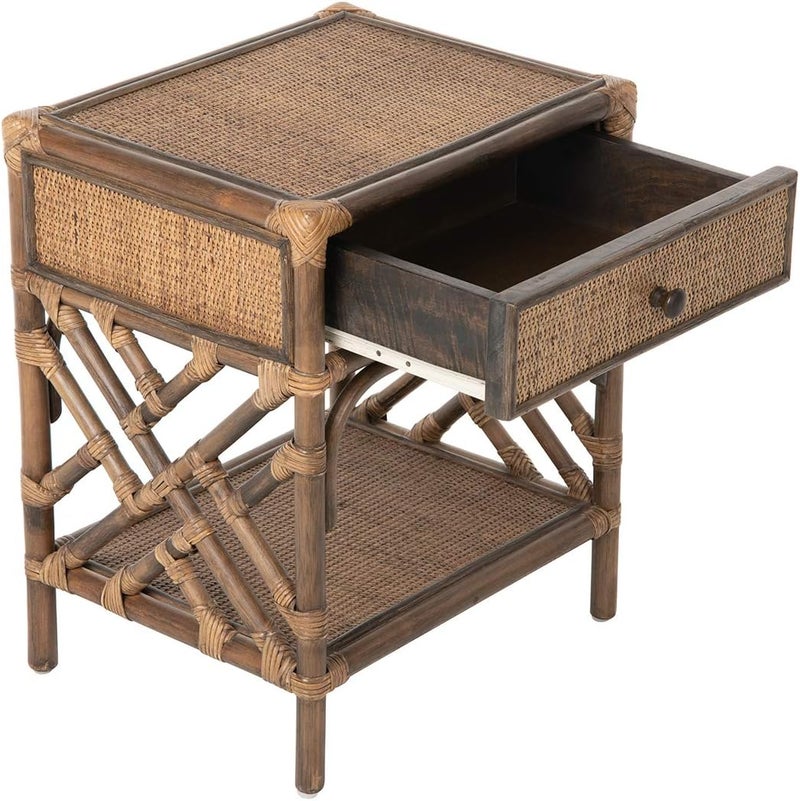 Kouboo Kouboo Rattan Bedside Table  Chippendale Design Nightstand Table for Living Room  Boho Table with One Drawer MidCentury Modern Accent Table with Storage for Bedroom Furniture Antique Brown  - Image 5