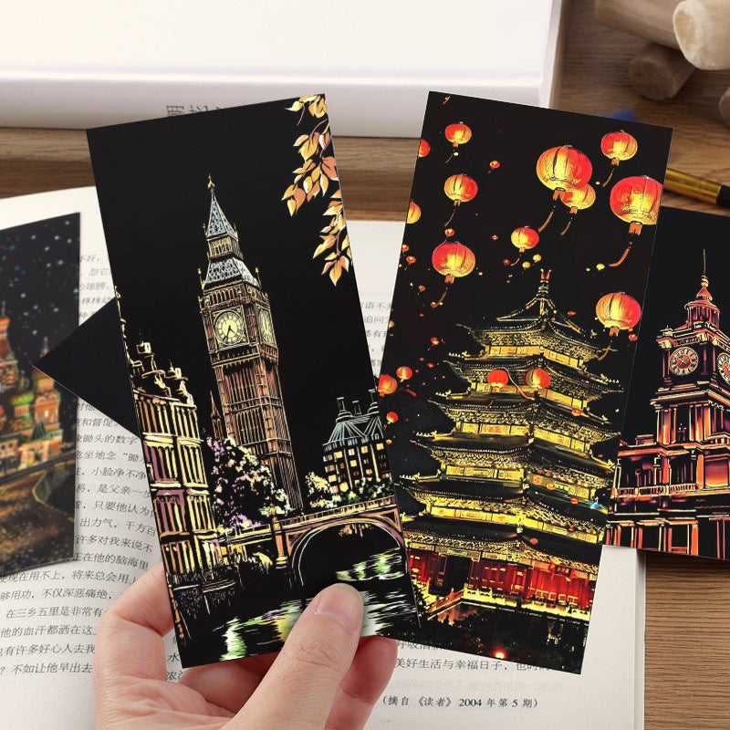 Creative Colorful Scratch-Off Paintings Of Urban Night Scenes Bookmarks For Kidsren And Primary School Students Diy Production Of Graffiti Fun Scratch-Off Cards - Image 5