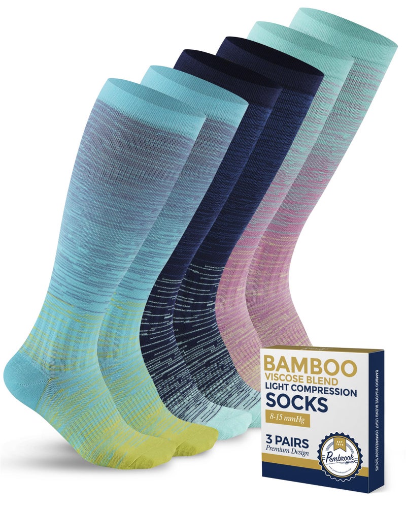 Pembrook Bamboo Viscose Light Compression Socks - 3 Pairs | 8-15 mmHg Compression Socks Women and Men | Support Socks for Soreness, Varicose Veins, Edema | Line Patterns - Image 1