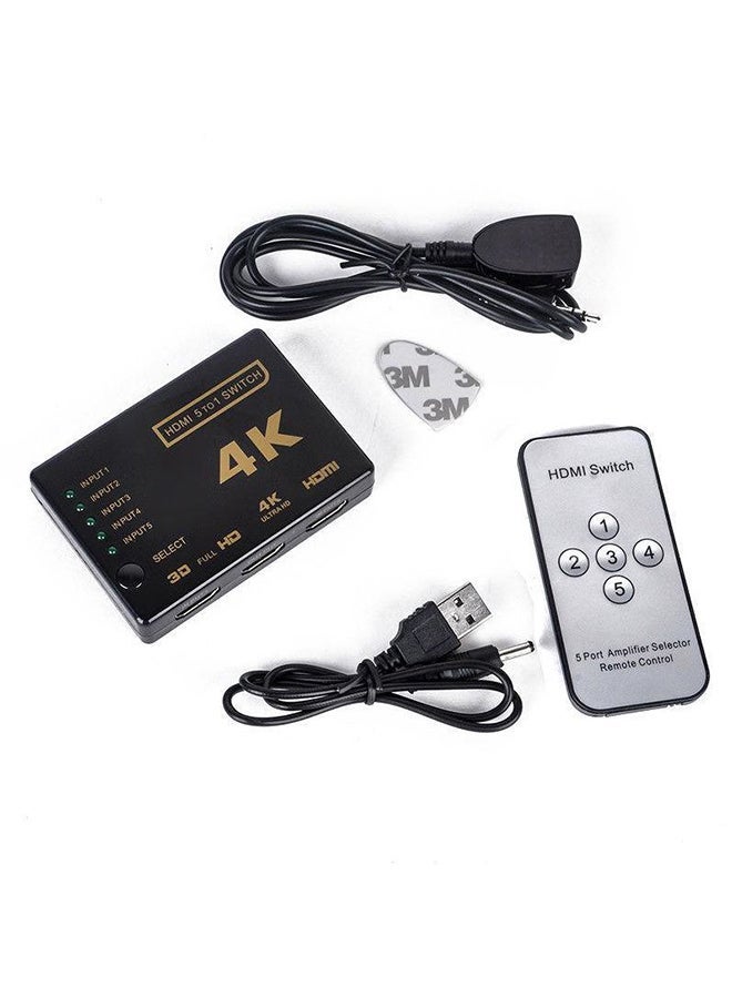 TIGER 4-Piece 5-Port HDMI Switcher & Splitter Hub Set with Remote Control – Supports 4K Ultra HD, 3D, HDR – Black and Silver Combo for TVs, Monitors, Gaming Consoles, and Media Devices - Image 1