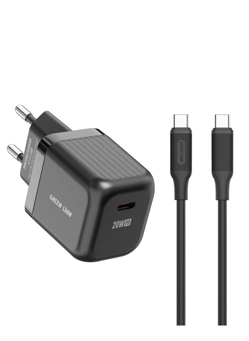 GREEN LION Ultra Compact GaN Wall Charger EU Pin USB-C PD 20W with Type-C to Type-C Cable/Charging Protection / Travel Friendly / Secure Charger for Home & Office - Black - Image 1