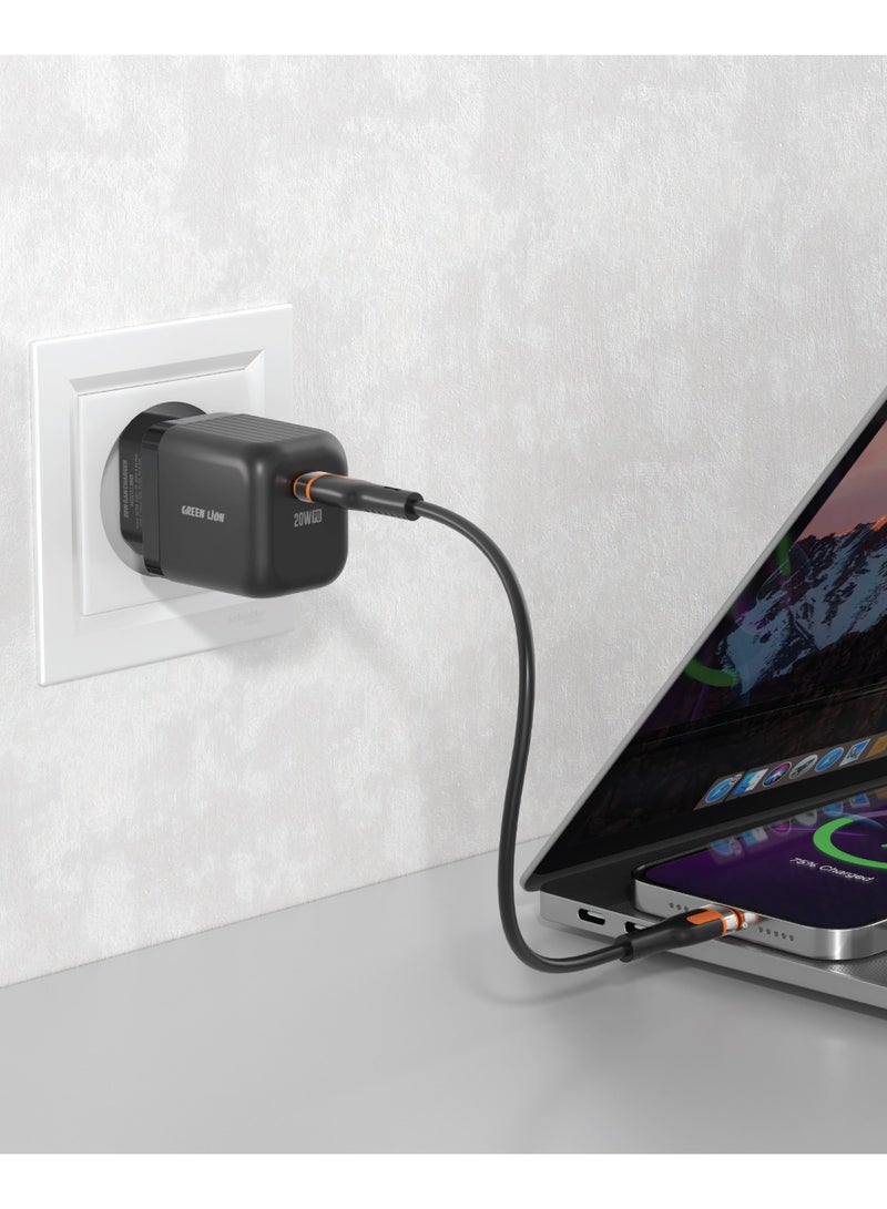 GREEN LION Ultra Compact GaN Wall Charger EU Pin USB-C PD 20W with Type-C to Type-C Cable/Charging Protection / Travel Friendly / Secure Charger for Home & Office - Black - Image 3