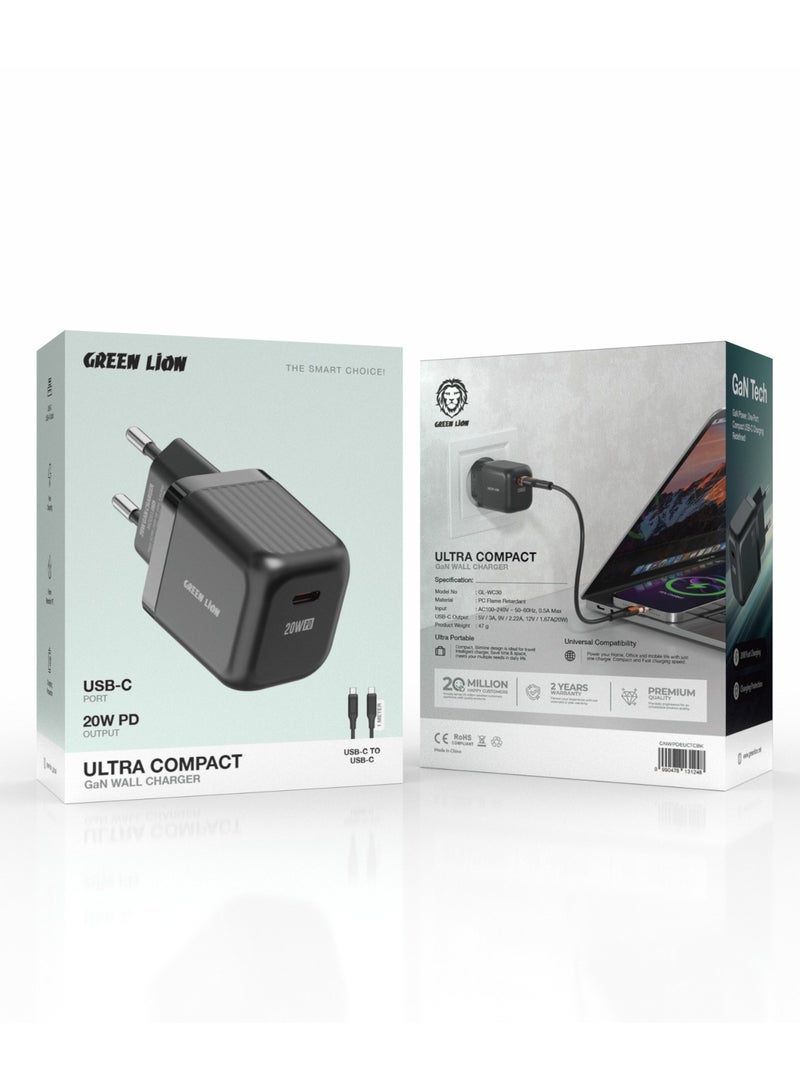 GREEN LION Ultra Compact GaN Wall Charger EU Pin USB-C PD 20W with Type-C to Type-C Cable/Charging Protection / Travel Friendly / Secure Charger for Home & Office - Black - Image 5