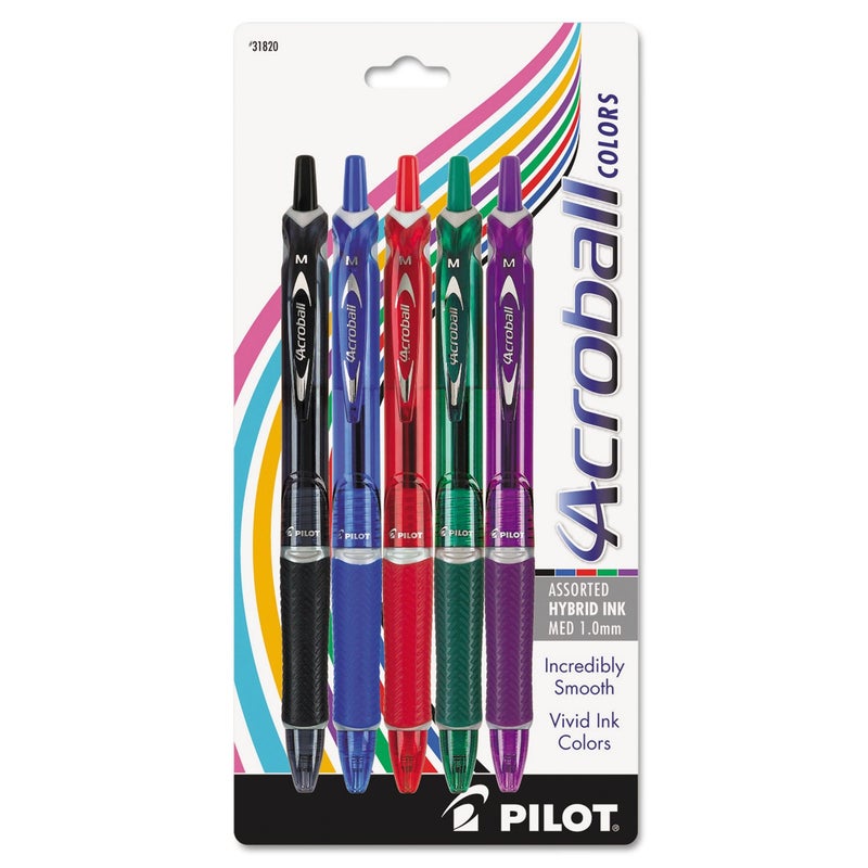 PILOT Acroball Colors Advanced Ink Refillable & Retractable Ball Point Pens, Medium Point, Black/Blue/Red/Green/Purple Inks, 5-Pack (31820)