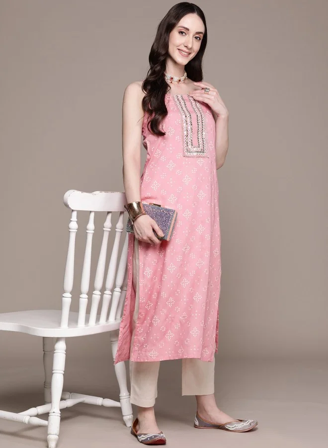 آي شين Women's Pink 100% Cotton Self Design A-Line Kurta