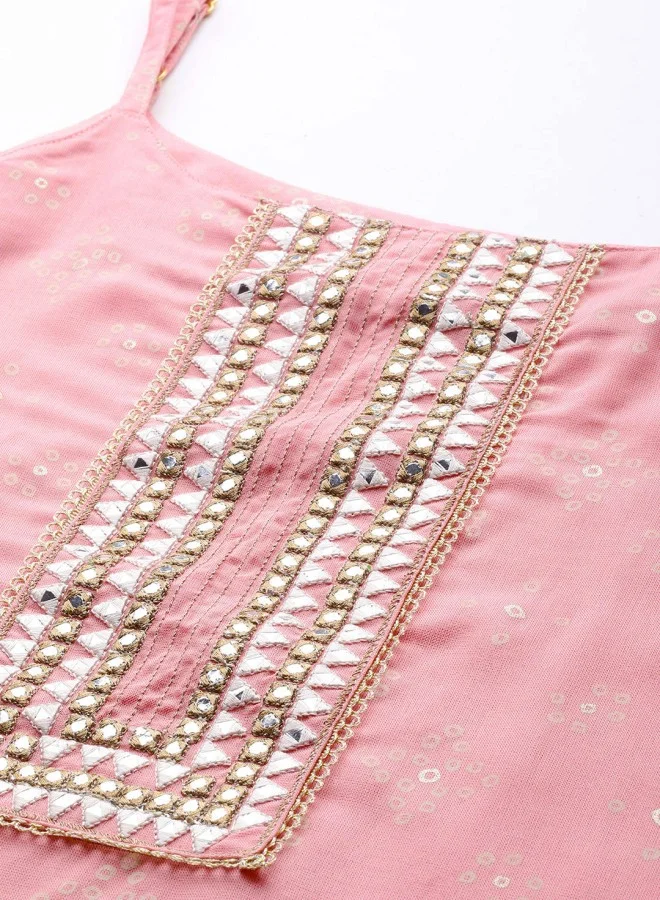 آي شين Women's Pink 100% Cotton Self Design A-Line Kurta