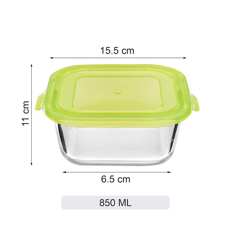 Cutting Edge Essentials Food Safe Square Glass Container with Lid Airtight Flexi Borosilicate Microwave Safe Kitchen Containers Lunch Boxes for Office Set of 3 850 MLGreen Lid - Image 5