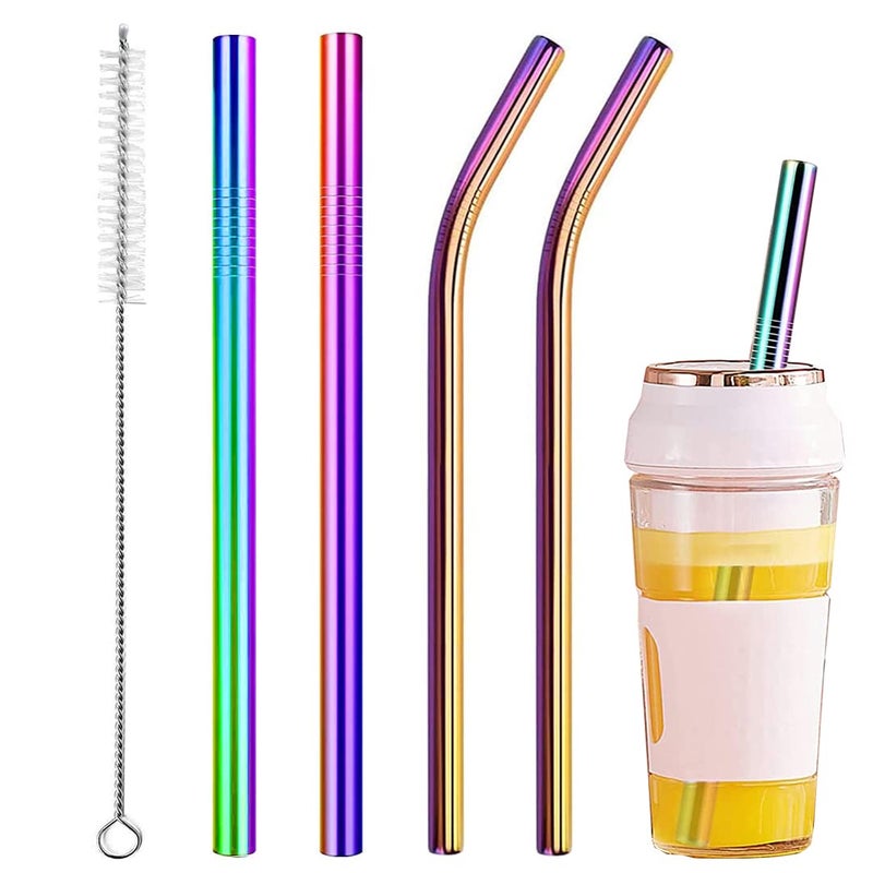 Vinaco Reusable Smoothie Straws, 0.4'' Wide Stainless Steel, 10.5'' & 8.5'' Long, 4 Pack with 1 Cleaner for Milkshake, Smoothie, Bubble Tea - Image 1