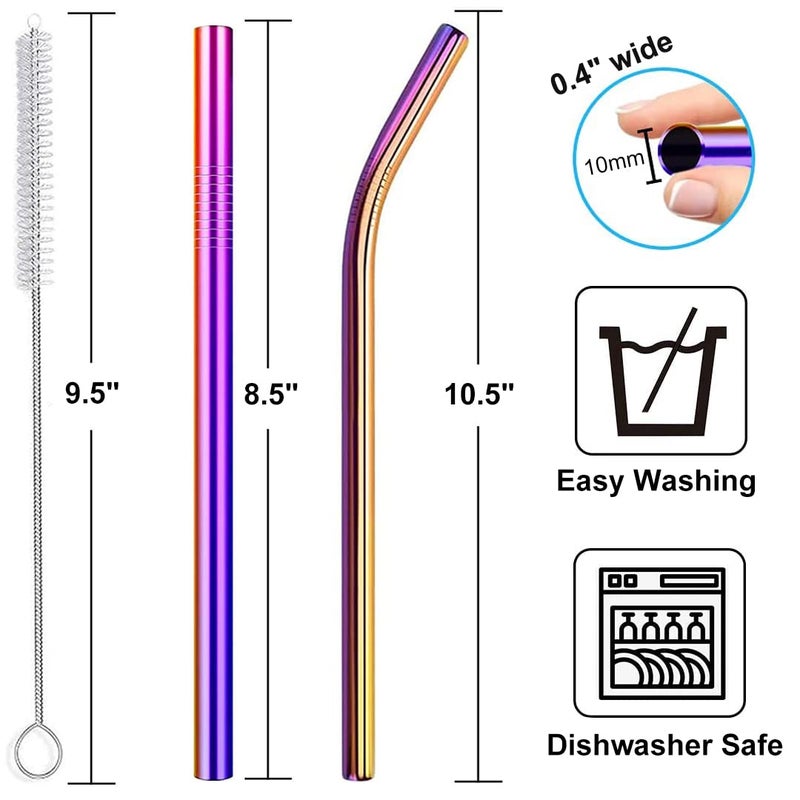 Vinaco Reusable Smoothie Straws, 0.4'' Wide Stainless Steel, 10.5'' & 8.5'' Long, 4 Pack with 1 Cleaner for Milkshake, Smoothie, Bubble Tea - Image 2