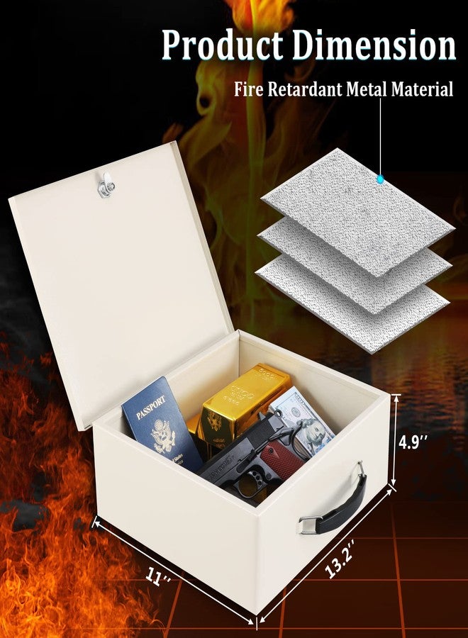 Dalmbox Portable Fire Safe Box with Key Lock, Fire Resistant Metal Lock Box for Documents, Security Strong Storage Box Safety Deposit Box for Home, Outside, Car, XL Large,13.2”x 11”x 5.1'', Beige - Image 2