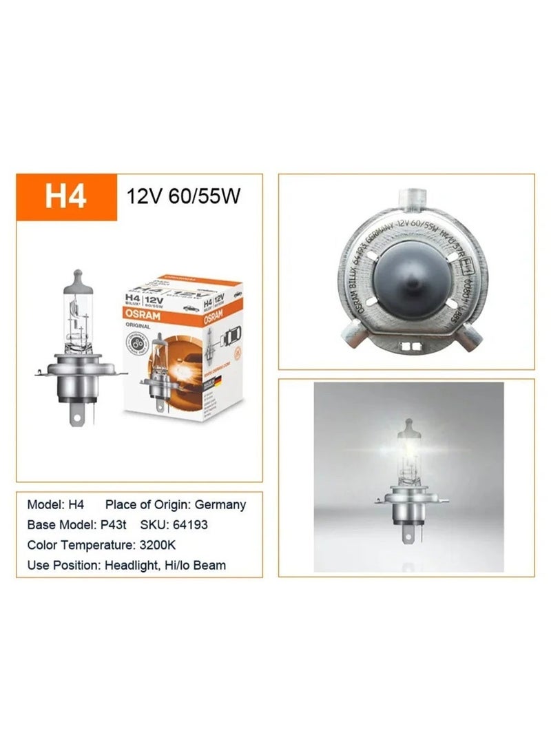 أوسرام OSRAM 2 × H4 Type 12 فولت 60/55 واط مصابيح هالوجين أصلية مصابيح سيارات مصابيح أمامية أضواء السيارات مصابيح أمامية مصابيح أمامية عالية ومنخفضة الضوء أضواء ضباب أصلية مصابيح هالوجين مصنوعة في ألمانيا - Image 3