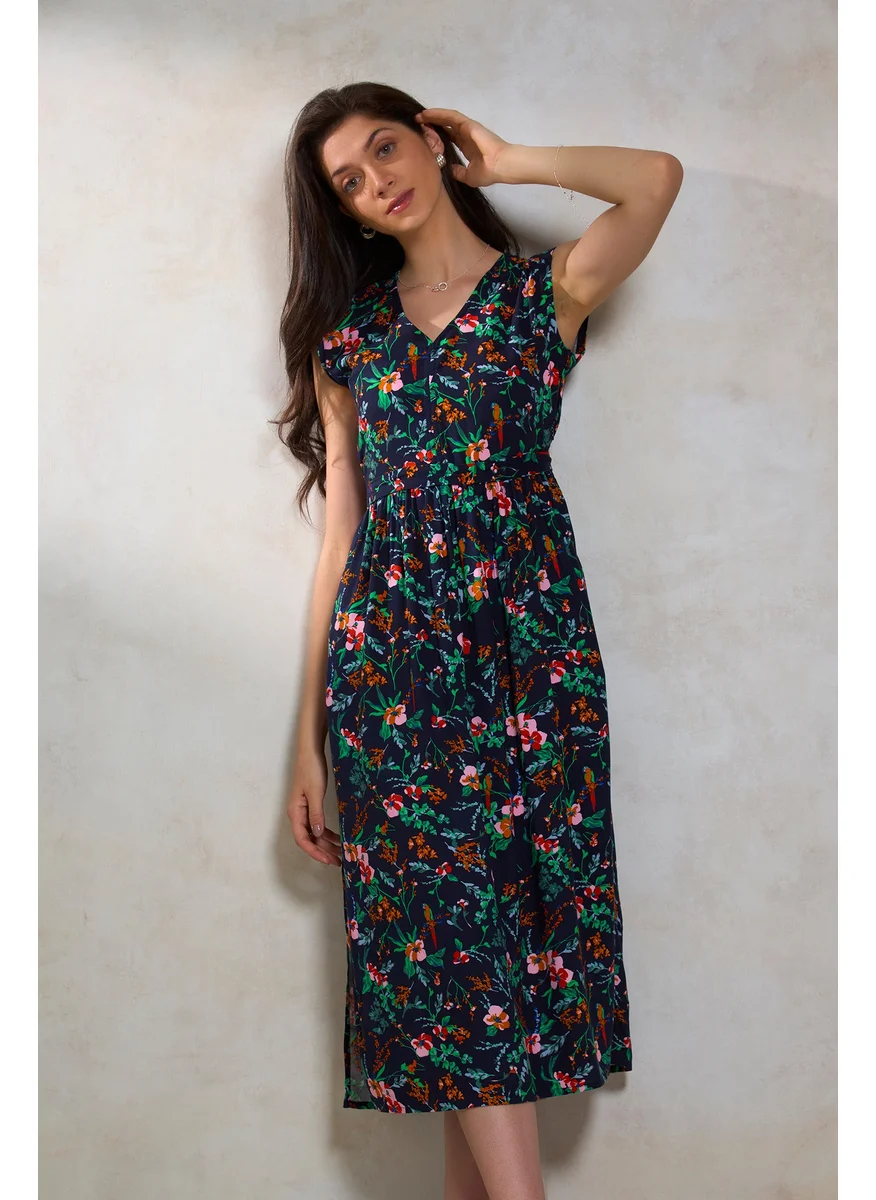 Virgio Virgio Floral Printed V-Neck Fit & Flare Midi Dress