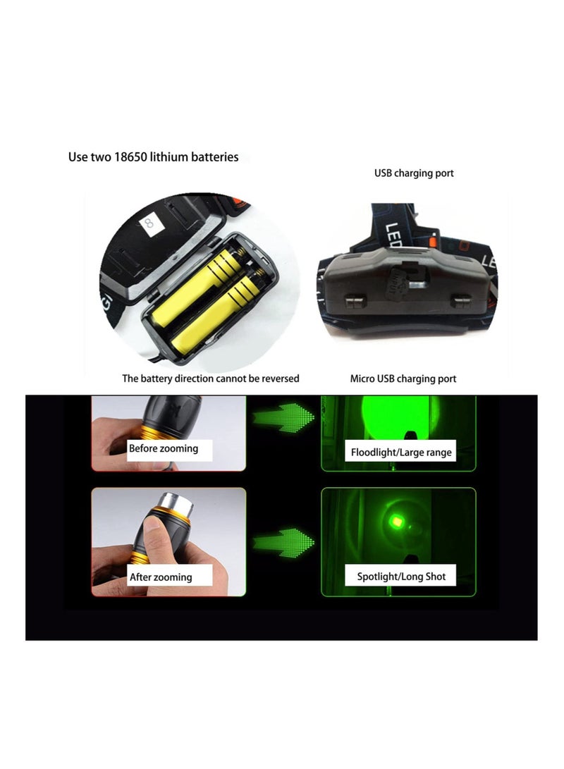 Headlamp Rechargeable, High Brightness Green Light Headlight USB Charging Waterproof Drop-proof for Hunting Fishing Hiking Cycling(Battery Included) - Image 2