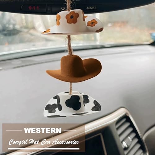 Agromusk Cowboy Hat Car Charm,Country Rear View Mirror Hanging Accessories,Sunflower Cowgirl hat Cow Print Car Decor,Cute Handmade Felt Mini Hat Ornament Pendent for Women Girls (Flower) - Image 5
