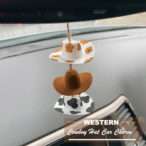 Agromusk Cowboy Hat Car Charm,Country Rear View Mirror Hanging Accessories,Sunflower Cowgirl hat Cow Print Car Decor,Cute Handmade Felt Mini Hat Ornament Pendent for Women Girls (Flower) - Image 2