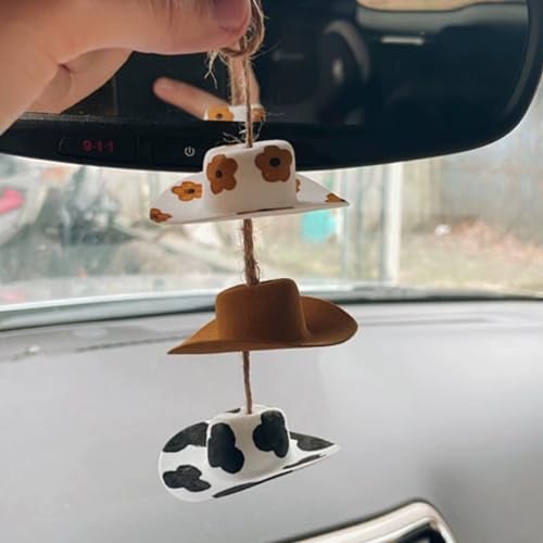 Agromusk Cowboy Hat Car Charm,Country Rear View Mirror Hanging Accessories,Sunflower Cowgirl hat Cow Print Car Decor,Cute Handmade Felt Mini Hat Ornament Pendent for Women Girls (Flower) - Image 1