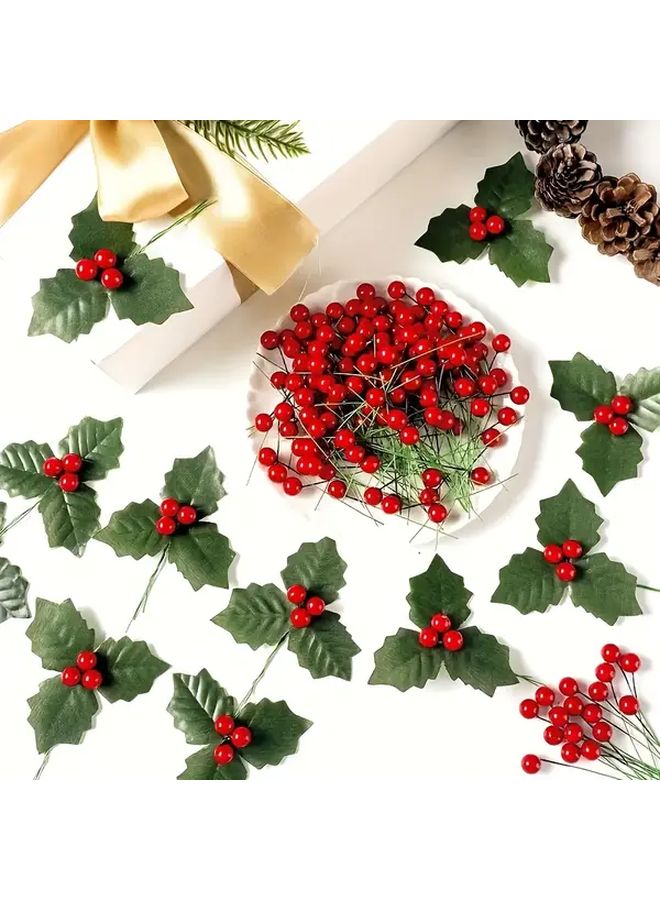 12pcs Realistic Artificial Holly Berry Stems Red Berries Evergreen Leaves Christmas Decor - Image 1