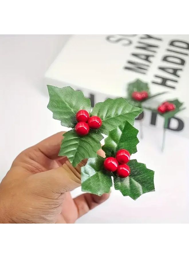 12pcs Realistic Artificial Holly Berry Stems Red Berries Evergreen Leaves Christmas Decor - Image 3
