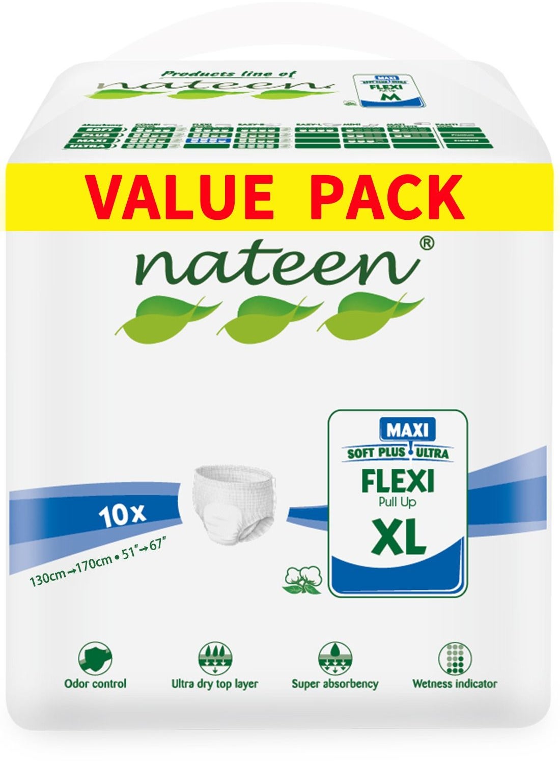 nateen Flexi Maxi Adult Diapers Pants,Incontinence Night Time Pull Up,Extra Large,Waist Size 130-170cm,10 Count Adult Pull Ups,Superior Comfort,Excellent Combination of Protection. (10 Count) 