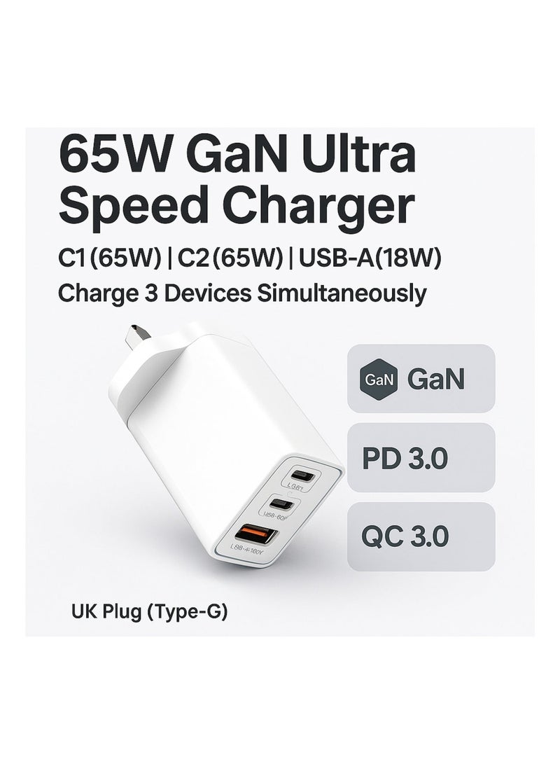 Eden 65W GaN Fast Charger PD 3.0, Triple Port Power Adapter with 2 USB-C & 1 USB-A, UK Plug Type-G, Multi-Device Fast Charging for Laptop, iPhone, Android & Tablet (Model PD800) - Image 1