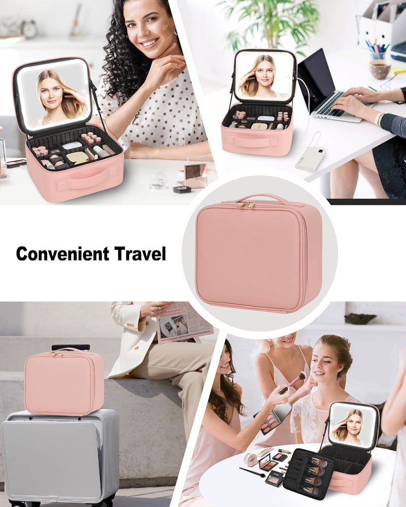 Gattica Makeup Bag with LED Mirror, Cute Cosmetic Bags Birthday Gifts for Girls Women, Makeup Train Case Artists Organizer Large Make Up Bags with Light Up Mirror 3 Color Lights (Pink) - Image 4