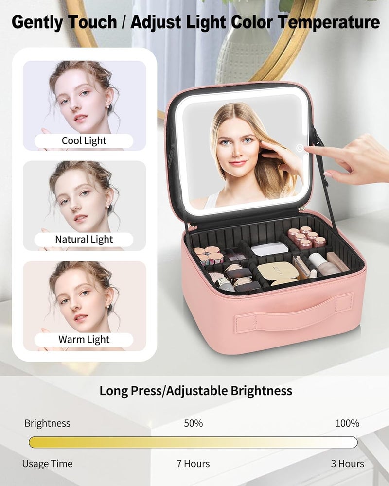 Gattica Makeup Bag with LED Mirror, Cute Cosmetic Bags Birthday Gifts for Girls Women, Makeup Train Case Artists Organizer Large Make Up Bags with Light Up Mirror 3 Color Lights (Pink) - Image 2
